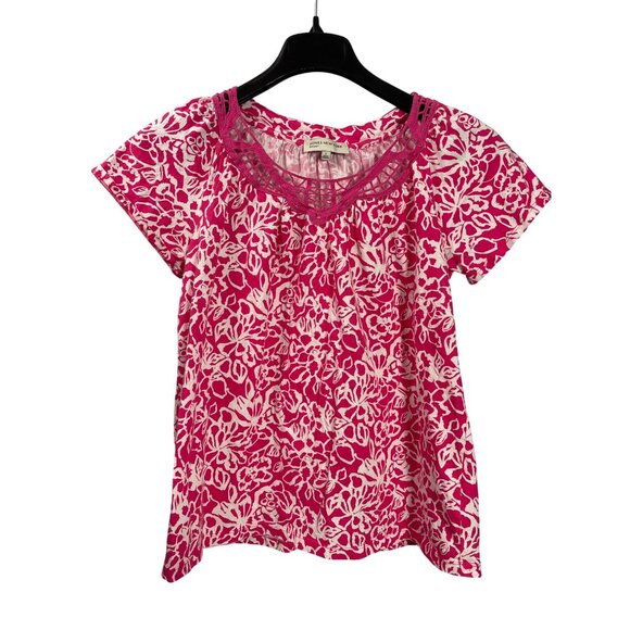 Jones New York Sport Pink White Floral Print Short Sleeve Top L Crochet Lace - Picture 1 of 5